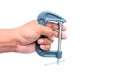 Hand holding c clamp on isolated Royalty Free Stock Photo
