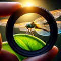the hand is holding a camera lens with a bug on top Royalty Free Stock Photo