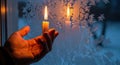 Hand holding a candle with frost patterns on a window during winter Royalty Free Stock Photo