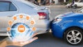 Hand holding with car claim icons over the Network connection on car crash background, car accident for car insuranc claim concept Royalty Free Stock Photo