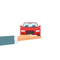 Hand holding car vector, concept of automobile care, insurance for auto, rental service giving car Royalty Free Stock Photo