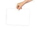 Hand holding card. Hand holding blank business paper card isolated on white background. Empty credit template in person Royalty Free Stock Photo