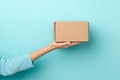 Hand Holding a Cardboard Box Against a Light Teal Background Royalty Free Stock Photo