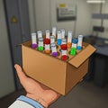 Hand holding a cardboard box containing multiple test tubes with various colored