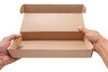 Hand holding cardboard box opened empty isolated on white background Royalty Free Stock Photo