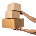 Hand holding cardboard boxes isolated on white background Royalty Free Stock Photo