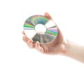 Hand holding a CD. Close up. Isolated on a white background Royalty Free Stock Photo