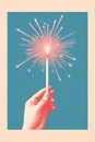 A hand holding a celebration sparkler firework. Hand drawn illustration style