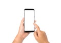 Hand holding cell phone blank on white screen and white background Royalty Free Stock Photo