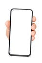 Hand holding cellphone with empty screen isolated on white Royalty Free Stock Photo