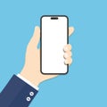 Hand holding cellphone flat vector illustration Royalty Free Stock Photo