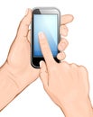 Hand holding cellular phone and touching the scree Royalty Free Stock Photo