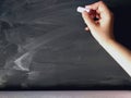 Hand holding chalk on blackboard.