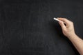 Hand Holding Chalk Blank Blackboard