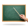 Hand holding chalk near empty chalkboard Royalty Free Stock Photo