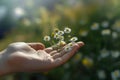 A hand holding a chamomile flower against a blurred natural background, depicting the human connection with nature and the healing Royalty Free Stock Photo