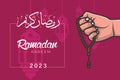 Hand Holding Chaplet of Beads and Ramadan Kareem calligraphy vector background illustration. Royalty Free Stock Photo