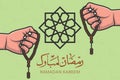 Hand Holding Chaplet of Beads and Ramadan Kareem calligraphy vector background illustration. Islamic holiday icon concept. Royalty Free Stock Photo