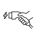 Hand holding charger connector icon, Electric car charging plug sign, Vector illustration. Royalty Free Stock Photo