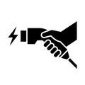 Hand holding charger connector icon, Electric car charging plug sign, Vector illustration. Royalty Free Stock Photo