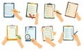 Hand holding checklist on clipboard. Task inspection or requirements lists with tick mark in checkbox. Check marks on