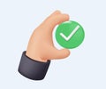 Hand holding checkmark symbol 3D vector. Checkmark right vector icon. Green checklist vector design. Checkmark icon