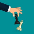 Hand holding chess figure black king. Business strategy planning and management, victory concept. Vector illustration