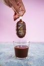 Hand holding Chocolate covered homemade cakesicle Royalty Free Stock Photo