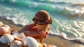Chocolate Ice Cream Delight on Sandy Beach with Seashells and Ocean View Royalty Free Stock Photo