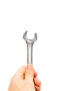 Hand holding a chrome open - end wrench spanner Royalty Free Stock Photo