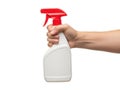 Hand holding cleaning spray bottle isolated on white background Royalty Free Stock Photo