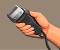 Hand holding clipper razor electric, shaving symbol concept in cartoon illustration vector Royalty Free Stock Photo