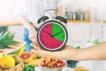 Hand holding a clock in a kitchen. Intermittent fasting concept. Empty copy space