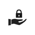 Hand holding closed lock icon. Vector illustration. Black padlock