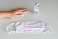 Hand holding a cloth mask next to a bottle of gel alcohol for disinfection to prevent corona virus covid 19 infection Royalty Free Stock Photo