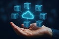 Hand holding a cloud computing network with multiple servers and digital connections data Royalty Free Stock Photo