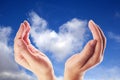 Hand holding the cloud for concept world wide data sharing and communication.