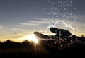 Hand is holding cloud uploading data on the Internet online