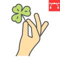 Hand holding clover color line icon, St. Patricks day and holiday, hand hold lucky clover vector icon, vector graphics