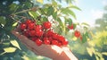 hand holding a cluster of ripe cherries, with the stems still intact manga cartoon style by AI generated Royalty Free Stock Photo