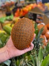 Hand holding a coconut grocery store produce background