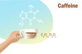 Hand holding coffee cup with caffeine skeletal formula molecular structure. Chemistry and biological science education research on Royalty Free Stock Photo