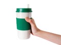 Hand holding coffee cup isolated on white background. Template of blank mug for your design.  Clipping path Royalty Free Stock Photo
