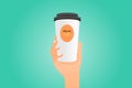 Hand holding a Coffee paper cup isolated on green background. Mockup. Vector illustration Royalty Free Stock Photo