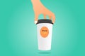 Hand holding a Coffee paper cup isolated on green background. Mockup. Vector illustration Royalty Free Stock Photo