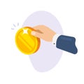 Hand holding coin as money giving donation icon vector, person business man investing gold cash flat cartoon illustration isolated