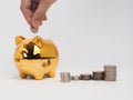 Hand holding coin into golden piggy bank with stack of coin Royalty Free Stock Photo