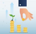 Hand holding coin and plant growth on coins graph, startup business concept vector illustration Royalty Free Stock Photo