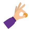 Hand holding coin with purple sleeve