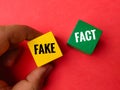 Hand holding colored cube with text FAKE FACT Royalty Free Stock Photo